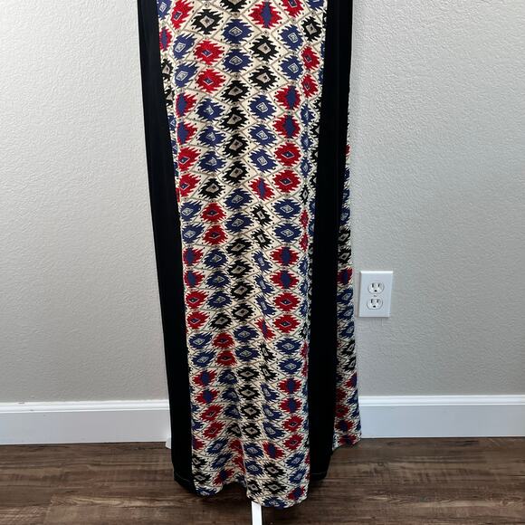 ALM Black Multi Abstract Embroidered V-Neck Boho Ethnic Kaftan Maxi Dress Large - Picture 8 of 13